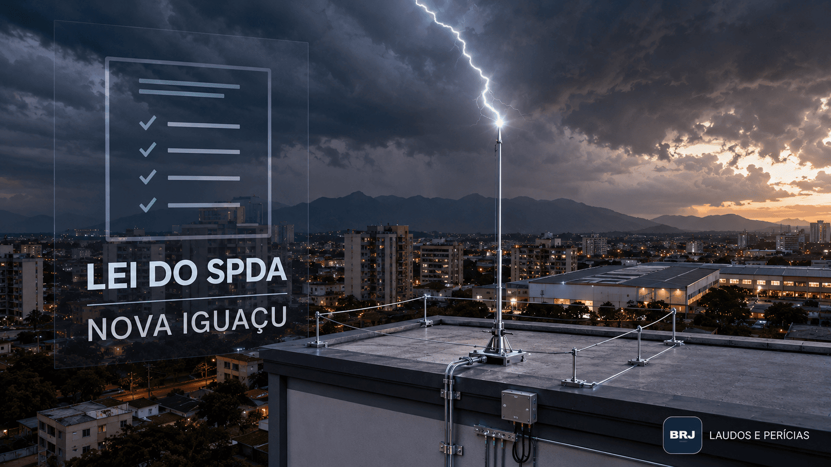 Sistema de SPDA em cobertura de edifício durante tempestade em Nova Iguaçu, com chamada para a nova lei municipal.
