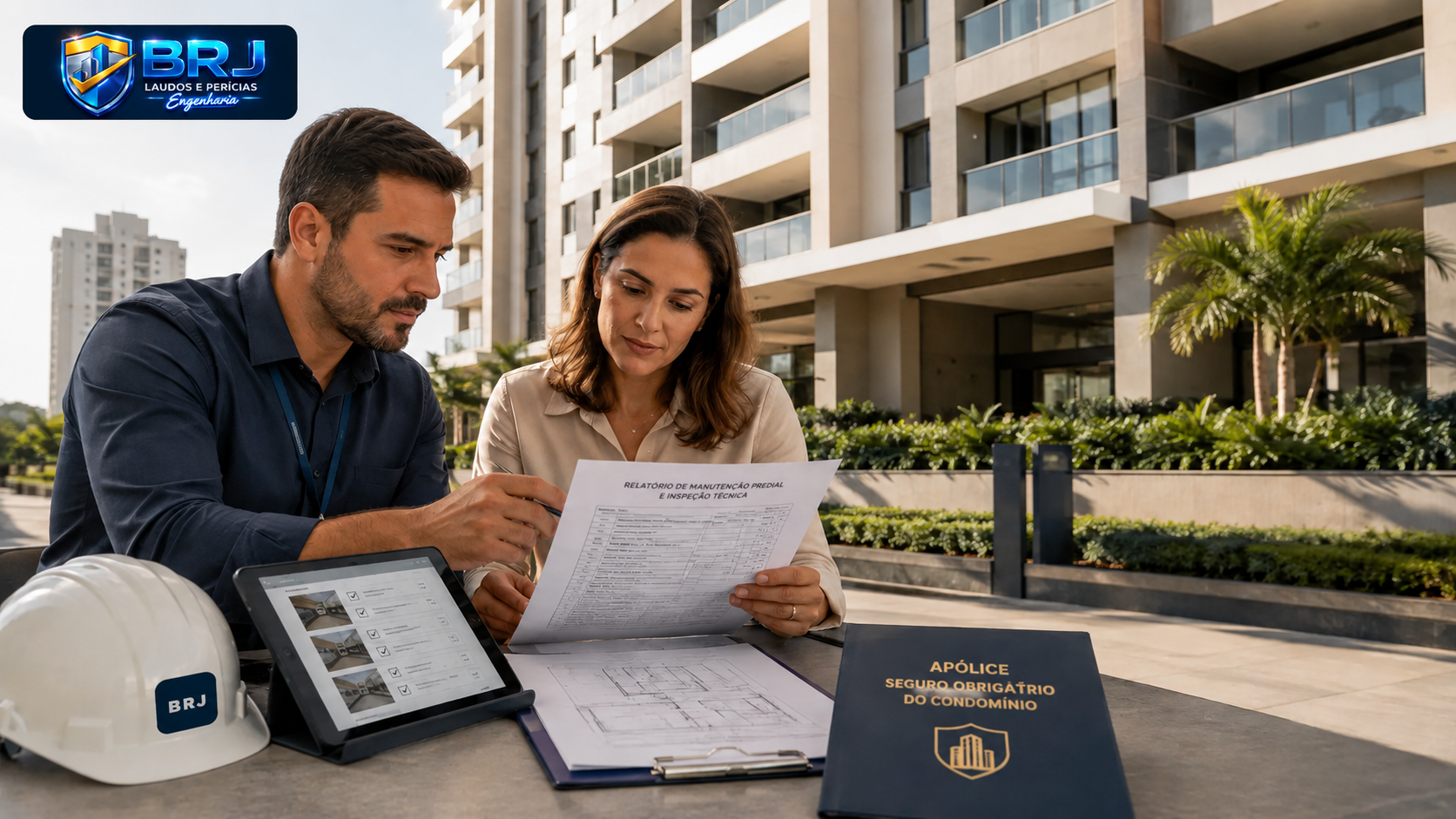Engenheiro e síndica analisam relatório de manutenção predial e apólice de seguro diante de um condomínio residencial.